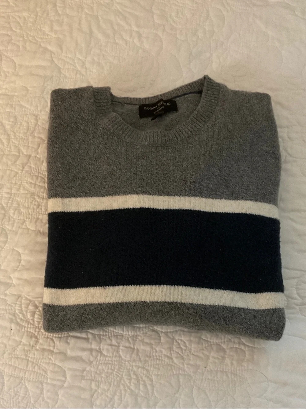 Banana Republic Gray, Navy & White Striped Crewneck Sweater